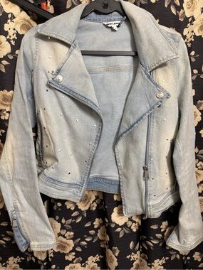 Dkny Light Blue Studded Denim Biker Jacket